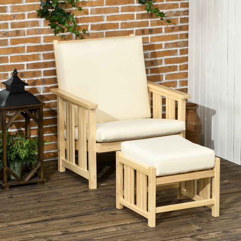 Outsunny Patio Furniture Set, Wood Outdoor Patio Chair with Ottoman, 2 Piece Cushioned Outdoor Lounge Chair, Sofa Chair with Footrest, Beige, 3 of 7