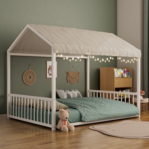 Twin/Full Size Montessori Metal Floor Bed Frame, House Shaped Platform Bed with Vertical Safety Guardrails for Kids/Toddlers - ModernLuxe - 1 of 4