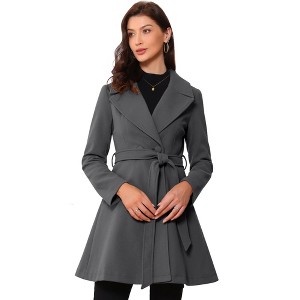 Allegra K Women's Elegant Notched Collar Single Belted Winter Long Coat - 1 of 4