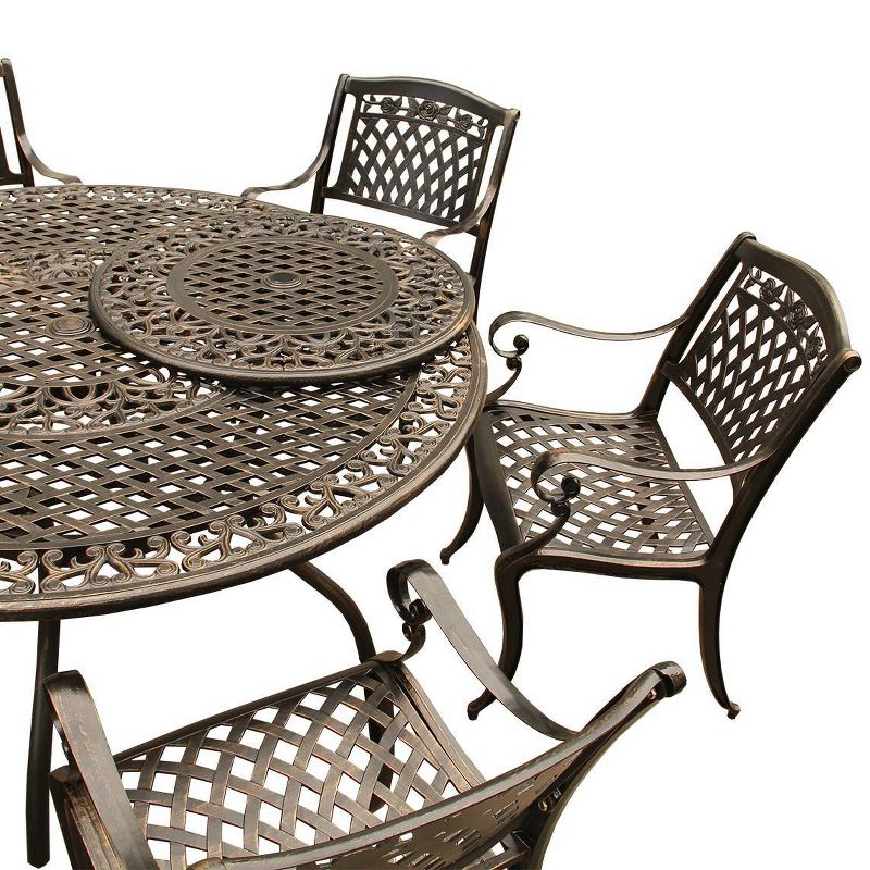 7pc Patio Dining Set with 59&#34; Rose Ornate Traditional Mesh Lattice Aluminum Round Table with Lazy Susan - Bronze - Oakland Living, 3 of 8