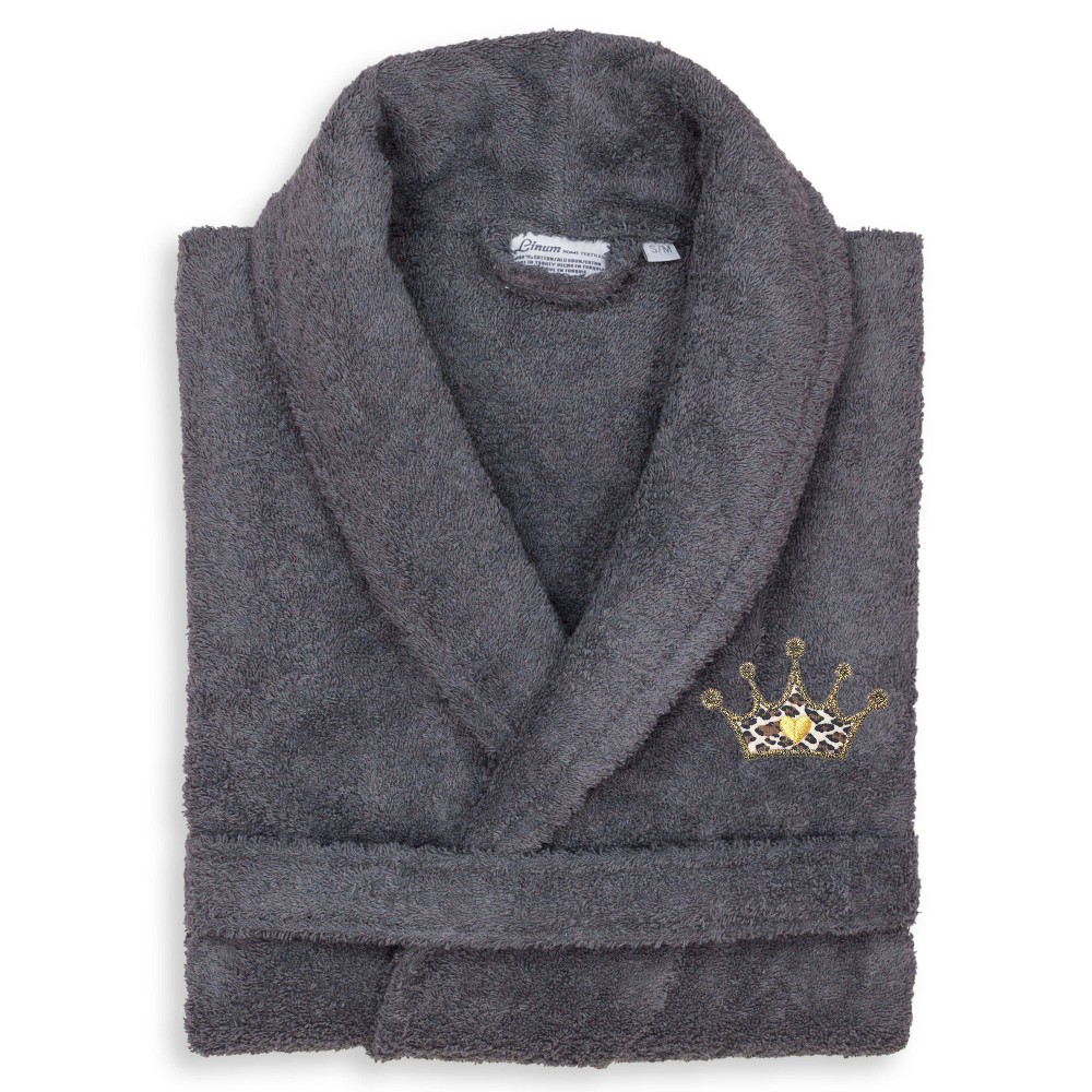 L/X Terry Bathrobe with Cheetah Crown Embroidery Gray - Linum Home Textiles: Unisex Cotton Robe, Deep V Neck, Long Sleeve, Patch Pocket