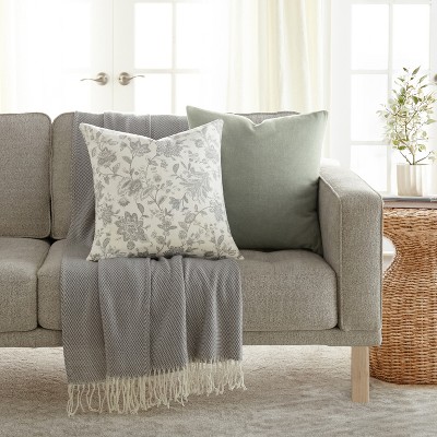 Gray Floral Cotton Square Throw Pillow Set
