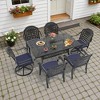 7-Piece Cast Aluminum Patio Dining Set with Rectangle Table, 2 swivel chairs and 4 fixed dining chairs, Blue Cushions and Umbrella Hole - 2 of 4