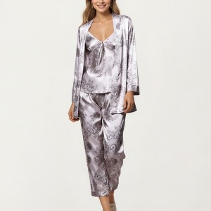 Anna-Kaci Lounge Women's 3-Piece Set Satin Baroque Print Pajama Cami with Matching Robe and Relaxed Straight-Leg Pants - 1 of 4