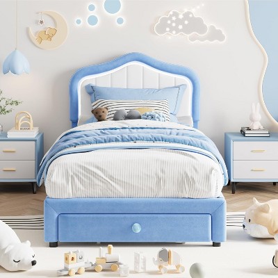 CuisinSmart Upholstered Twin Bed Frame with Storage Drawer, Velvet Bed Frame with Headboard for Girls, Boys, No Box Spring Needed, Noise Free