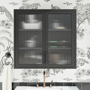 Retro Style Wall Mounted Cabinet Table-Top Storage Cabinet with Hazy Glass Doors and 2 Adjustable Shelves for Bathroom Kitchen Living Room - 1 of 4