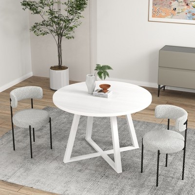 White Round Rubberwood Dining Table with 2 Boucle Chairs