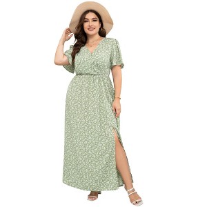 Coolmee Women's Plus Size Maxi Dress Wrap V Neck Short Sleeve High Waist Side Split Flowy A Line Casual Elegant Floral Long Dress - 1 of 4