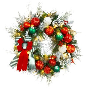 24" Christmas Wreath for Front Door, Prelit Christmas Wreath with Lights, Red Gold Ball Ornaments, Pine Cones &Bow for Fireplace Home Holiday Decor - 1 of 4