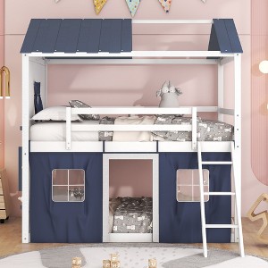 NicBex Full Size Bunk Bed Roof Shape Loft Bed Pine Bed Frame with Windows, Sills, Tent, Inclined Ladder and Guardrail, No Box Spring Required - 1 of 4