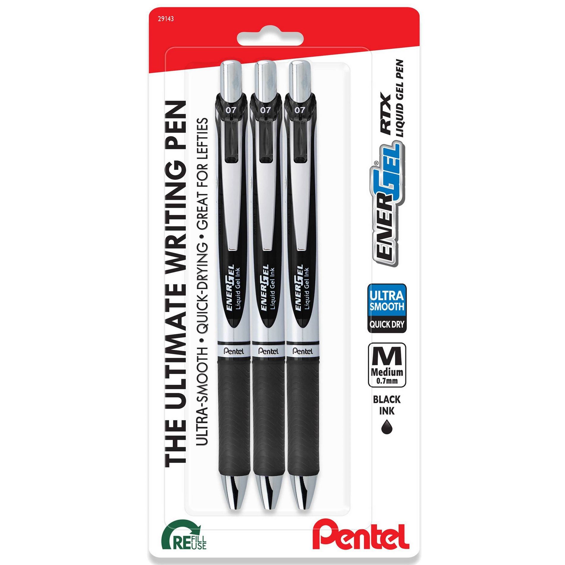 Pentel EnerGel 3pk Gel Pen Black ink: 0.7mm Quick Drying Retractable Pens & Refill, Office Stationery