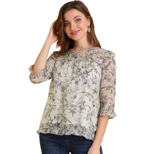 INSPIRE CHIC Women's Round Neck Ruffle 3/4 Sleeve Floral Print Chiffon Blouse - 1 of 4