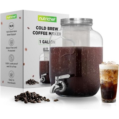 NutriChef 1 Gallon Glass Cold Brew Coffee Maker with Stainless Tap and Spigot Metal Lid Filters