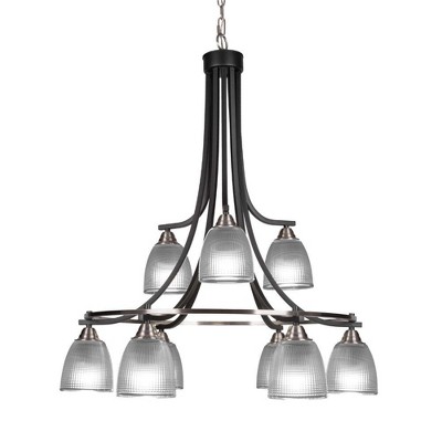 Toltec Lighting Paramount 9 - Light Chandelier in  Matte Black/Brushed Nickel with 5" Clear Ribbed Shade