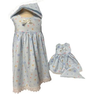 Size 4 Matching Girl and Doll Blue Flower and Check Dresses - 1 of 4