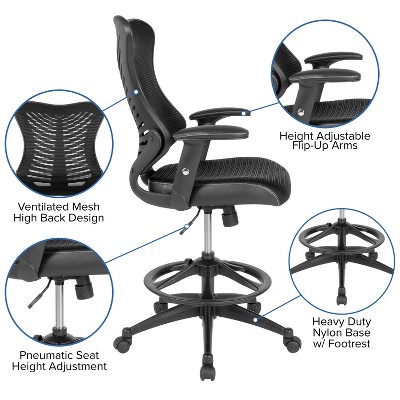 Ergonomic High Back Black Mesh Drafting Chair with Leather Accents