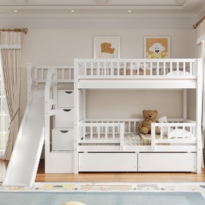 ModernLuxe Twin over Twin Bunk Bed, Wood Bed Frame with Storage Staircase, Slide and 2 Drawers - 1 of 4