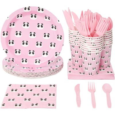 Blue Panda Serves 24 Panda Theme Party Supplies, Disposable Paper Dinner Plates, Napkins, Cups, Cutlery, Pink