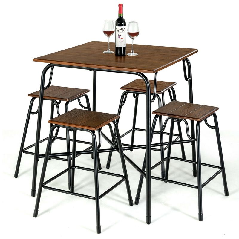 Costway 5PCS Bar Table Set Counter Height Dining Set w/ 4 Stools Rustic Brown, 1 of 11