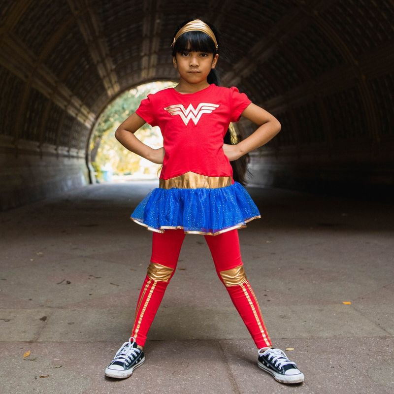 DC Comics Justice League Wonder Woman Girls Costume Dress Leggings and Headband 3 Piece Set Little Kid to Big Kid, 2 of 8