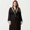 Anna-Kaci Lounge Women's Plus Size Long Robe with Lace Trim on Collar and Cuffs Featuring Soft Flowing Fabric and Adjustable Belt - 2 of 4