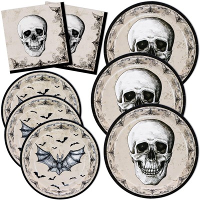 DYLIVeS Halloween Party Plates and Napkins Set, 150 Pcs Skull Bats Tableware for Boys and Adults, Serve 50