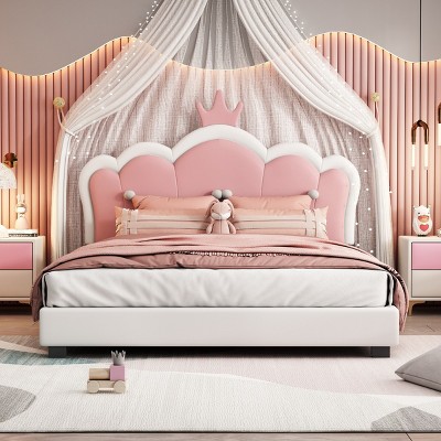Upholstered Princess Bed with Crown Headboard, PU Leather Frame Bed for Kids Bedroom-Baofuwish