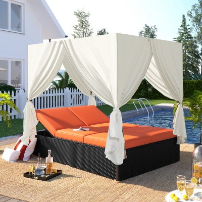 Isabel PE Wicker Patio Daybed with Canopy, Outdoor Furniture with Adjustable Seats, Daybed Queen Bed Tanning Near Me - Maison Boucle
