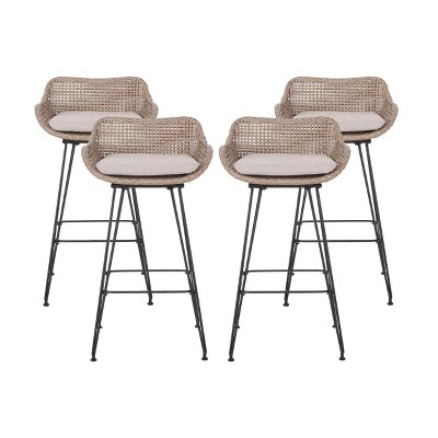 Christopher Knight Home Kevin Outdoor Wicker and Iron 29.5 Inch Barstools (Set of 4), Mixed Brown/Beige