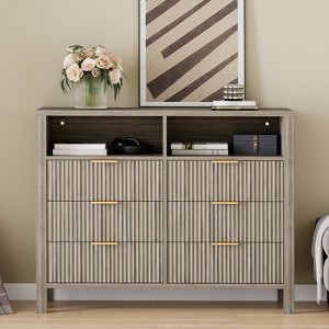 Fluted Dresser with 6 Drawers, Chest of Drawers with Metal Handle, TV Stand, Wood Closet Clothes Storage Organizer for Living Room Hallway - 1 of 4