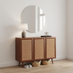 Homy Casa Mid Century 3 Door Rattan Accent Storage Cabinet with Adjustable Shelves for Living Room or Entryway, Walnut - 1 of 4