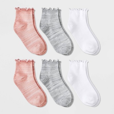 Girls' 6pk Super Soft Lettuce Edge Ankle Socks - art class™ Pink/White/Gray