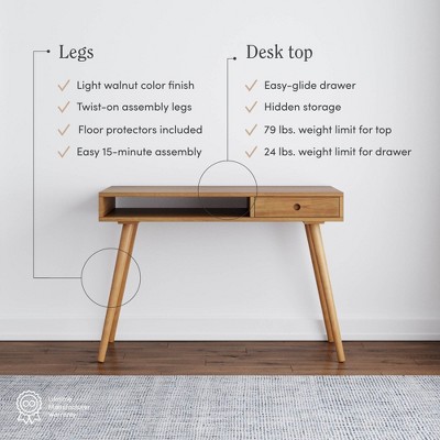 Parker Light Brown Wood Mid-Century Desk with Drawer