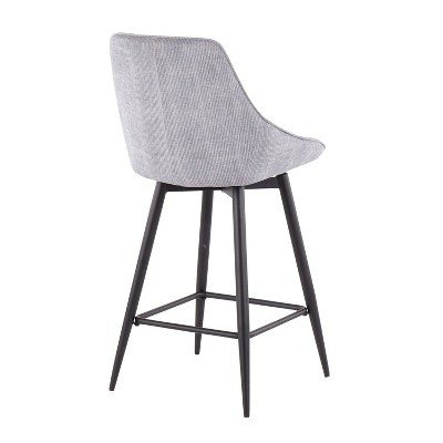 Set of 2 Gray Corduroy Swivel Counter Stools with Black Metal Legs