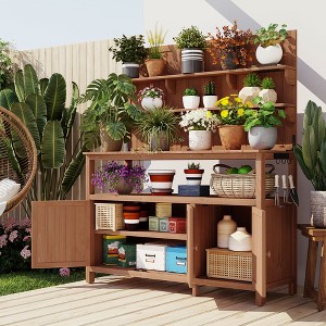 GDFStudio Occam Outdoor Fir Wood Potting Bench with 2 Cabinets and 3 Side Hooks, Natural - 1 of 4