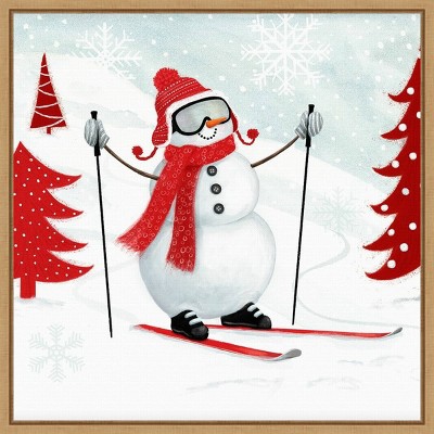 16" x 16" Snow Day I Snowman Skiing by Victoria Borges Framed Canvas Wall Art - Amanti Art