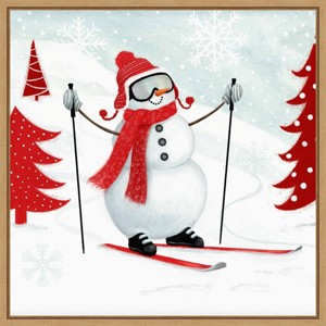 16" x 16" Snow Day I Snowman Skiing by Victoria Borges Framed Canvas Wall Art - Amanti Art: Watercolor Sports Decor, Modern Style - 1 of 4