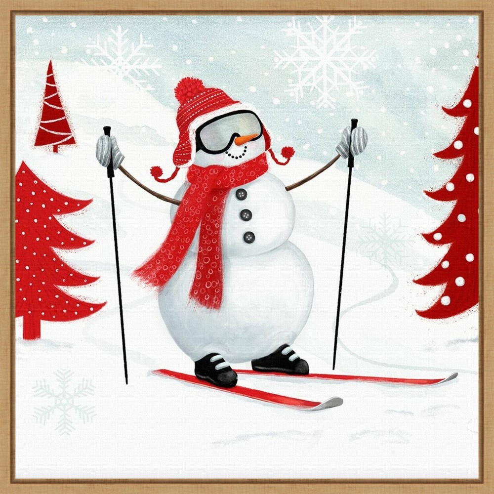 16"" x 16"" Snow Day I Snowman Skiing by Victoria Borges Framed Canvas Wall Art - Amanti Art: Watercolor Sports Decor, Modern Style -  81816960