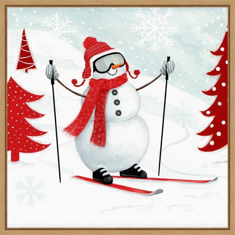 16&#34; x 16&#34; Snow Day I Snowman Skiing by Victoria Borges Framed Canvas Wall Art - Amanti Art, 1 of 10