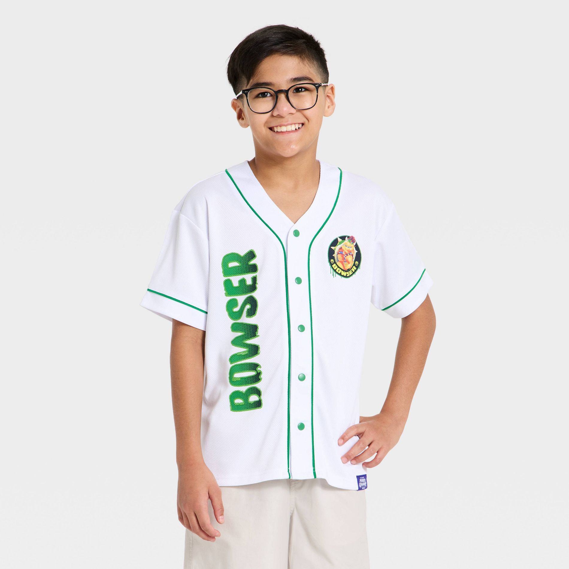 Boys' Nintendo Super Mario Brothers Bowser Baseball Jersey - White/Green