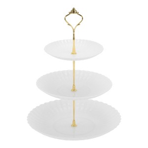 Unique Bargains 3 Tier Dessert Cupcake Stand Cup Cake Holder Tower White Gold Tone - 1 of 4