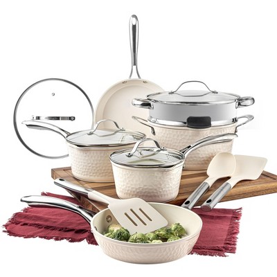 Gotham Steel Hammered Cream 15-Piece Ultra Ceramic Nonstick Cookware Set with Utensils