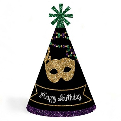 Big Dot of Happiness Mardi Gras - Cone Happy Birthday Party Hats for Kids and Adults - Set of 8 (Standard Size)