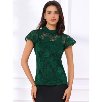 INSPIRE CHIC Women's Elegant Floral Lace Short Sleeve Keyhole Back Semi-Sheer Top