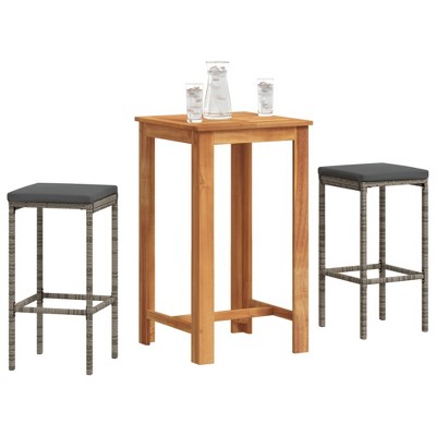vidaXL 3-Piece Patio Bar Set with Poly Rattan Stools and Solid Acacia Wood Table - Weather-Resistant Outdoor Furniture for Garden, Deck, Gray