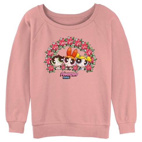 Juniors Womens The Powerpuff Girls Christmas Poinsettia Wreath Sweatshirt Desert Pink 2X Large