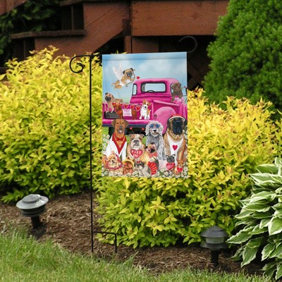 Happy Valentine's Day Dogs Garden Flag with Pink Truck