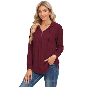 Coolmee Women's Sweatshirts Long Sleeve V Neck Eyelet Drawstring Button Pullover Hooded Tops - 1 of 4