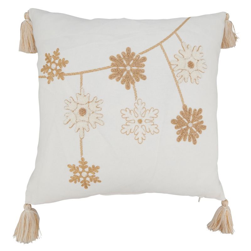 Saro Lifestyle Holiday Cheer Snowflakes Down Filled Throw Pillow with Tassels, 18", Gold, 1 of 3