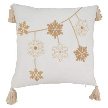 Saro Lifestyle Holiday Cheer Snowflakes Throw Pillow Cover with Tassels, 18", Gold